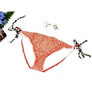 Ella Moss Bikini Bottom - Side Tie Hipster Swim Bottoms, Tile Pattern - Coral, L